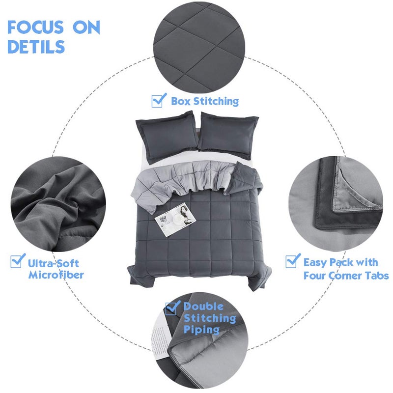 Hi -G HIG 3pc Gray Twin/Twin XL Comforter Set - All Season Reversible Down Alternative Comforter with Two Sham - Quilted Duvet Insert with Corner Tabs - Box Stitched Blanket - Breathable, Soft - Image 3